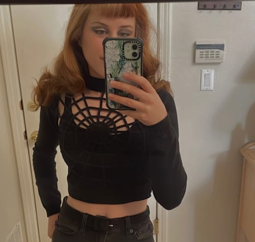 Customer photo review of *PRE-ORDER - Reversible Spider Web Knit Crop Sweater in Black - Vixen by Micheline Pitt