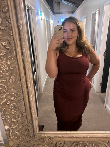 Customer photo review of Ruched Scoop Neck Shaping 'Orla' Maxi Dress - Zinfandel
