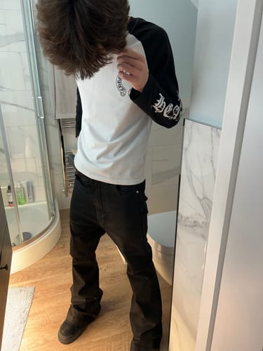 Customer photo review of Wax Coated Bootcut Jeans