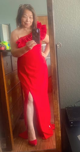 Customer photo review of One Shoulder Ruffles Satin Column Gown