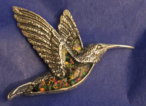 Customer photo review of Silver Hummingbird Pendant with Crushed Opal and Cremation Ash