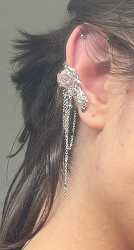 Customer photo review of "Taboo Rose" Platinum Plated Asymmetrical Knitted Rose Tassel No-Piercing Ear Wraps, Statement Cartilage Earrings