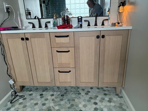 Customer photo review of Bridgeport 60" White Oak Bathroom Vanity, Double Sink