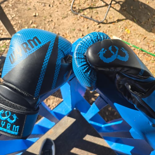 Customer photo review of Krusher Blue/Black Leather Boxing Gloves