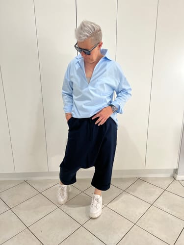 Customer photo review of Drop Crotch Pants + Blue Shirt Outfit Set