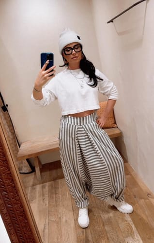 Customer photo review of Grey Striped Linen-Blend Harem Pants