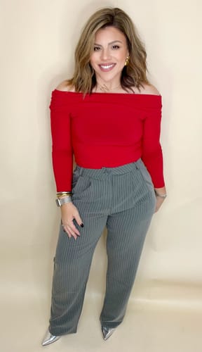 Customer photo review of High-Waisted Pinstripe Wide Leg Trousers