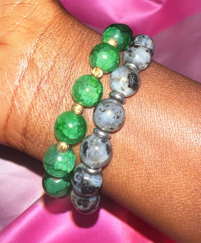 Customer photo review of Norwegian Black Labradorite (Larvikite) Bracelet Between Steel