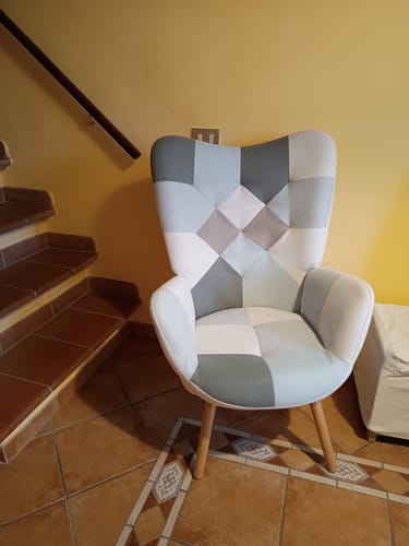 Customer photo review of Fauteuil scandinave, chaise de canapé confortable en tissu patchwork aqua avec dossier à surpiqûres - FUNKEL PATCHWORK AQUA