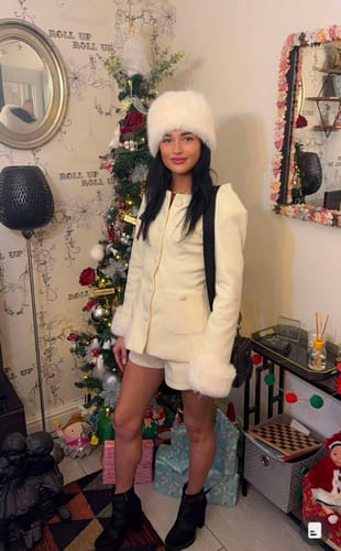 Customer photo review of MELISSA White Luxury faux Fur Tweed set hat and cuffs Two Piece Set Next Day Delivery Available