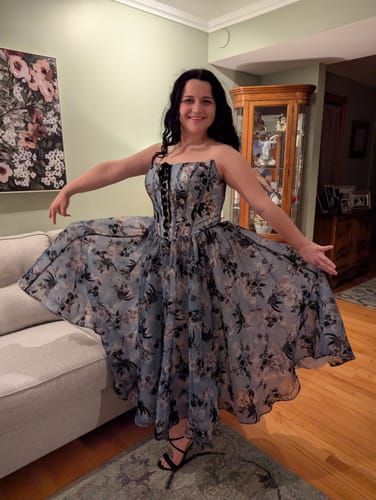 Customer photo review of Strapless Corset with Lace Up Floral Print Midi Dress