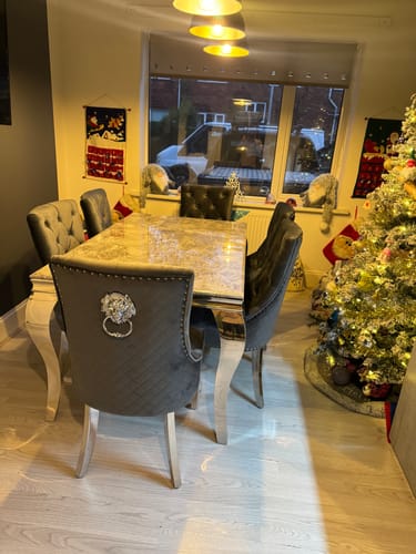 Customer photo review of Vienna Marble Dining Table With Bently Knocker Chairs lion