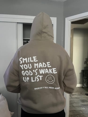Customer photo review of "SMILE" Premium Puff Hoodie | Tan & White