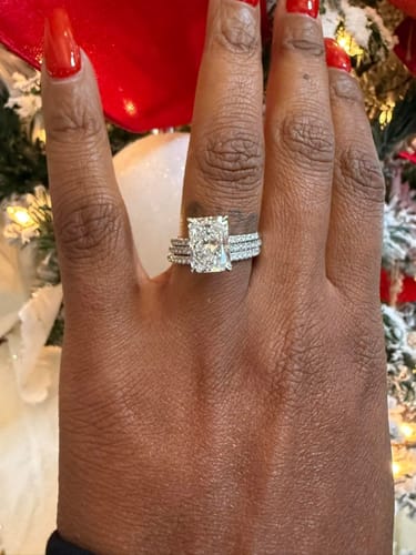 Customer photo review of 4.55 Carats Radiant Cut Micropaved Side Stones Hidden Halo Diamond Engagement Ring