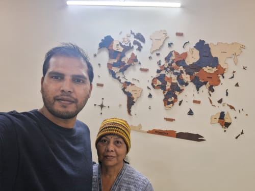 Customer photo review of 3D Wooden World Map brown and Blue