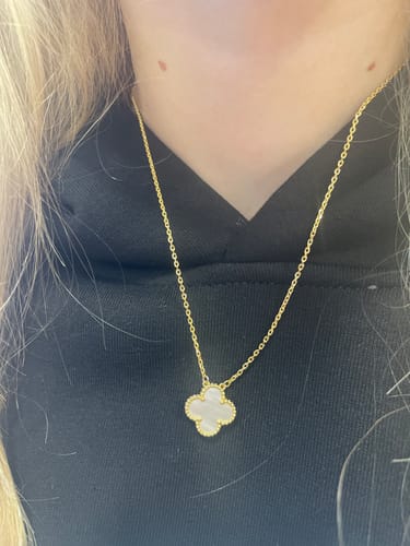 Customer photo review of Mother of Pearl Clover 14kt Yellow Gold Plated Necklace