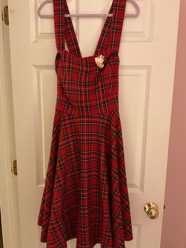 Customer photo review of Red Plaid Irvine Pinafore Dress by Hell Bunny