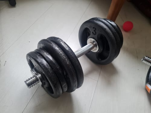 Customer photo review of Kit Treino Com Par Halteres Barra 40cm + 20kg Anilhas Pintadas