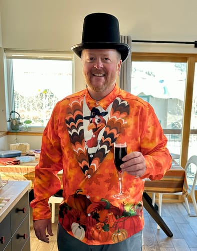 Customer photo review of Men's Thanksgiving Turkey Pumpkin Funny Holiday Long Sleeve Shirt