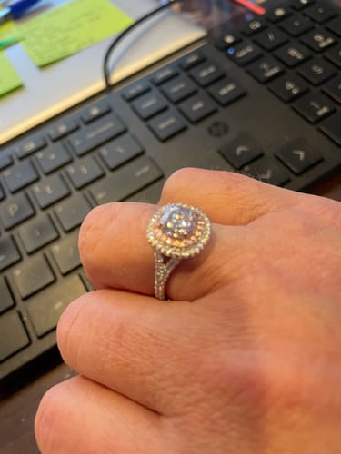 Customer photo review of Two Tone Halo Cushion Moissanite Split Shank Pave Engagement Ring