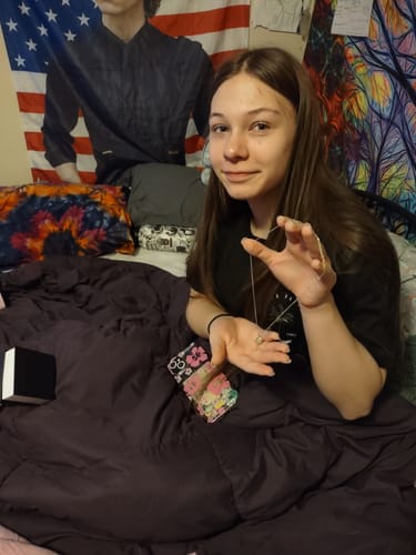 Customer photo review of Love Knot Necklace - To my Volleyball Daughter, Never Forget, Love Mom (Black Card, Red White Text)