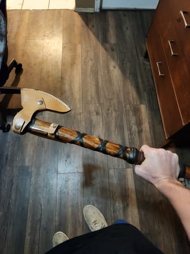 Customer photo review of 25" Axe of Ragnar Lothbrok from The Vikings in Just $79 (Damascus & Carbon Steel Functional Versions are also available) with Plaque & Sheath)