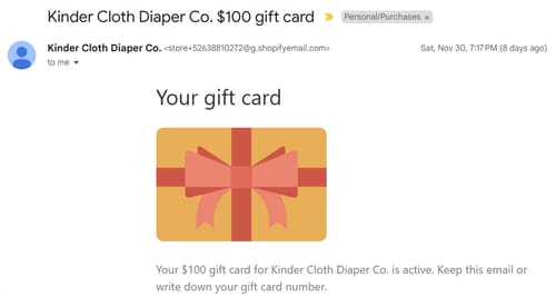 Customer photo review of Kinder Cloth Diaper Co. eGift Card