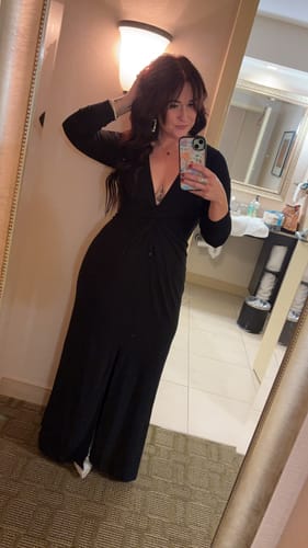 Customer photo review of Shapewear Deep V Bias Twist Front Slit Hourglass Maxi Dress