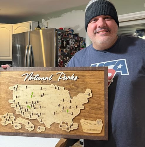 Customer photo review of US Wooden National Parks Travel Map With Trees To Record Park Visits (Light Grey)