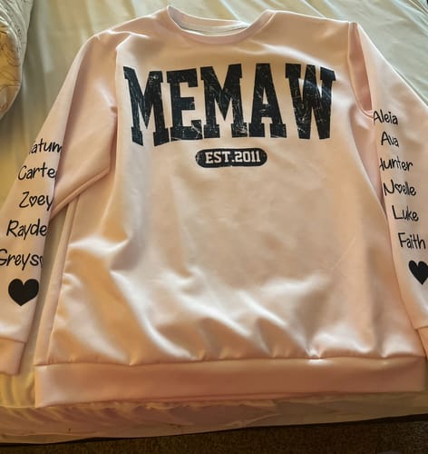 Customer photo review of Personalized Mimi Est with Granddaughter and Grandson Names Sweatshirt