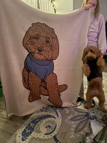 Customer photo review of Dog wearing Sweater - Custom Knitted Blanket