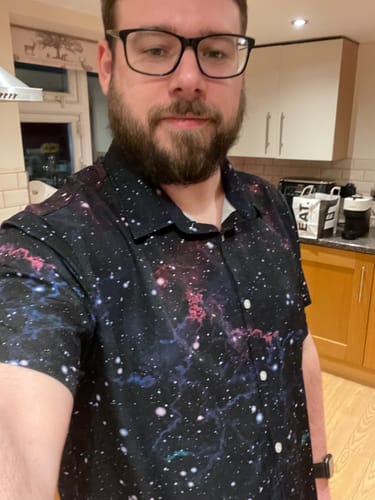 Customer photo review of Beautiful Nebula Outer Space Button Up Shirt