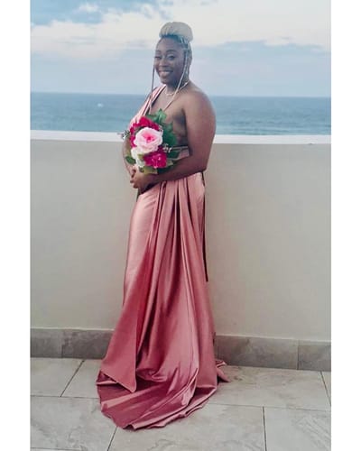 Customer photo review of Sexy One Shoulder Mermaid Side Slit Soft Satin Long Matron of Honor Dress For Wedding