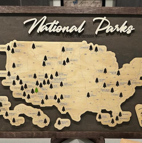 Customer photo review of US Wooden National Parks Travel Map With Trees To Record Park Visits (Light Grey)