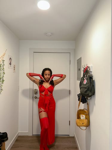 Customer photo review of Sheer mesh see through knotted hollow out slit maxi dress goth Alternative Darkwave Fashion