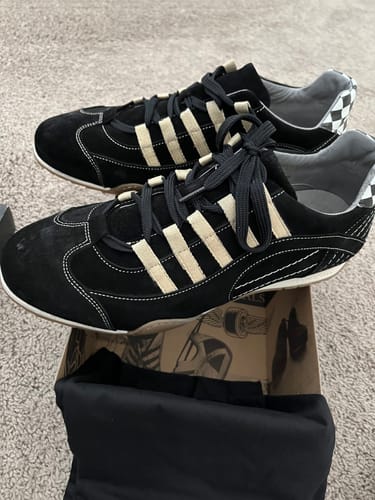 Customer photo review of Men's Racing Sneaker in Black & Gold Brushed/Sueded Napa
