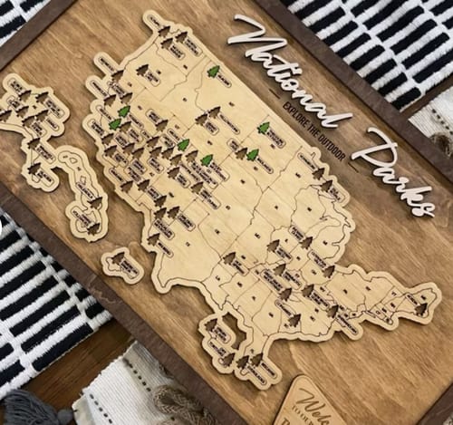 Customer photo review of US Wooden National Parks Travel Map With Trees To Record Park Visits (Light Grey)