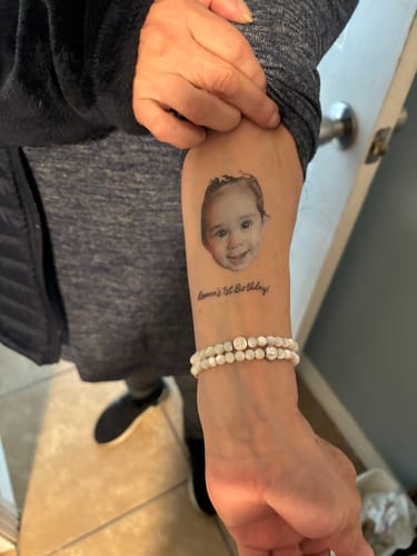 Customer photo review of Face Cut-Out Photo with Text Temporary Tattoo