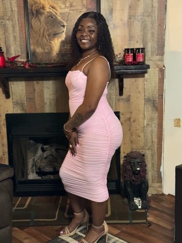 Customer photo review of Valery Light Pink Mesh Ruched Midi Dress
