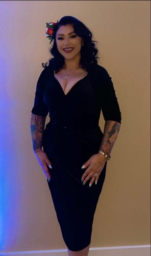 Customer photo review of Starlet Wiggle Dress in Black Velvet - Vixen by Micheline Pitt