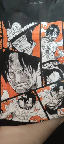 Customer photo review of Vintage Washed Anime One Piece T-shirt: Oversized Short Sleeve Roronoa Zoro Manga Tops featuring Sabo, Jinbe, Luffy, Ace, Sanji