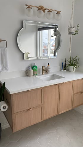 Customer photo review of Cape Breton 60" Wall Mount White Oak Bathroom Vanity