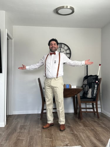 Customer photo review of Satin Terracotta Bow Tie & Cognac Buckle Suspenders Set