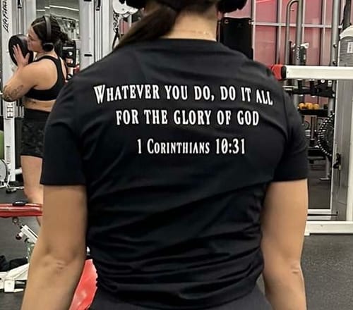 Customer photo review of Women's 1 Corinthians 10:31 Performance Tee