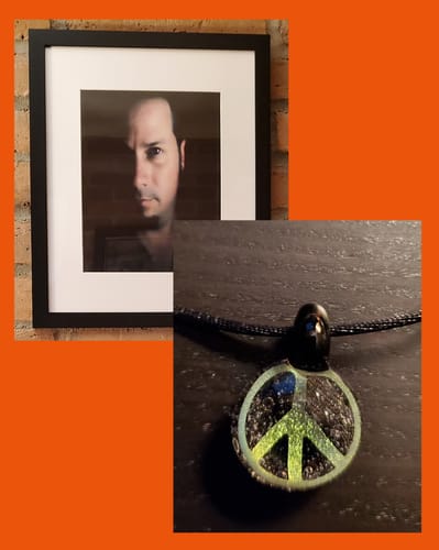 Customer photo review of Peace Sign Hologram Pendant with Infused Cremation Ash
