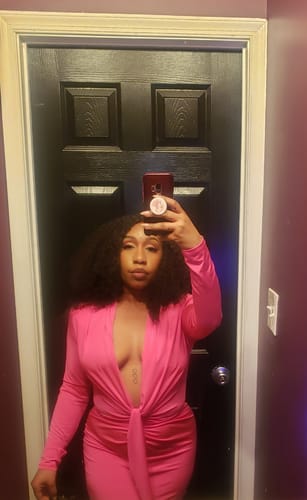Customer photo review of Celeste Fuchsia Pink V Plunge Drape Dress
