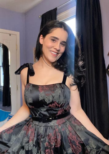 Customer photo review of 1950s Satin Swing Sundress and Scarf in Black Vintage Roses - Vixen by Micheline Pitt