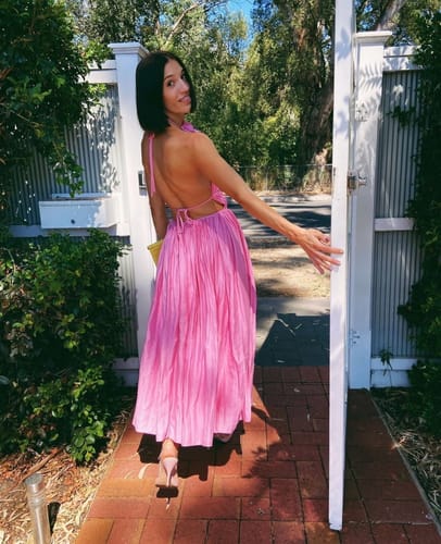 Customer photo review of Dance and Sway Petal Halter Neck Backless Tie-up Pleated Midi Dress