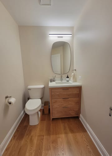 Customer photo review of 3-Drawer Mid-Century Modern Vanity / Single Sink