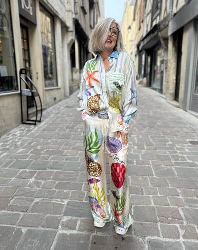 Customer photo review of Dream Ocean Satin Unique Print Back Elastic Waist Pocketed Wide Leg Pants